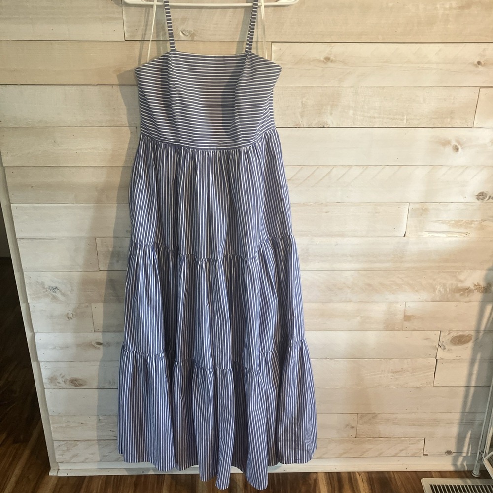 J.Crew Tiered Maxi in Lagoon White Stripes Cotton Sun Dress 8
